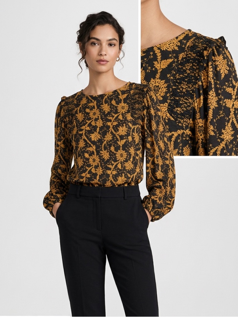 Ann Taylor Black Blouse with Yellow Floral Print Size S